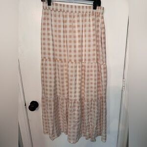 Summer Plaid Maxi Skirt High Elastic Waist A Line Tiered Pleated Flowy Pockets L